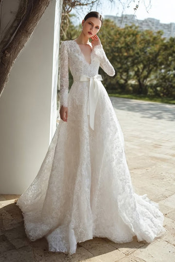 Lace Ivory V-Neck Long Sleeves Wedding Dress with Belt